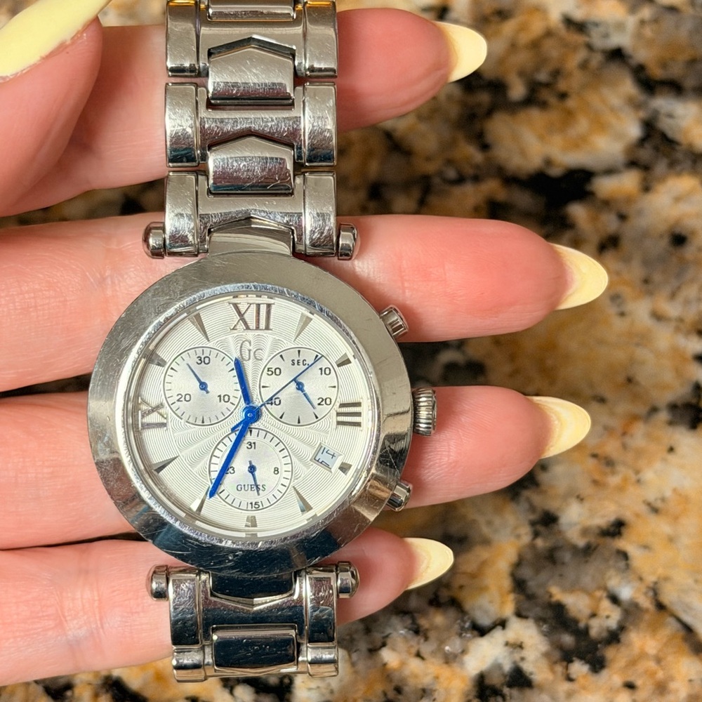 Guess Stainless Steel Silver Men's Chronograph Watch with Blue Hands